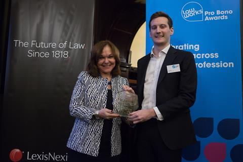 Junior Lawyers Division Pro Bono Award –  Josh Little, Allen & Overy LLP, with Hilarie Bass (President, American Bar Association)